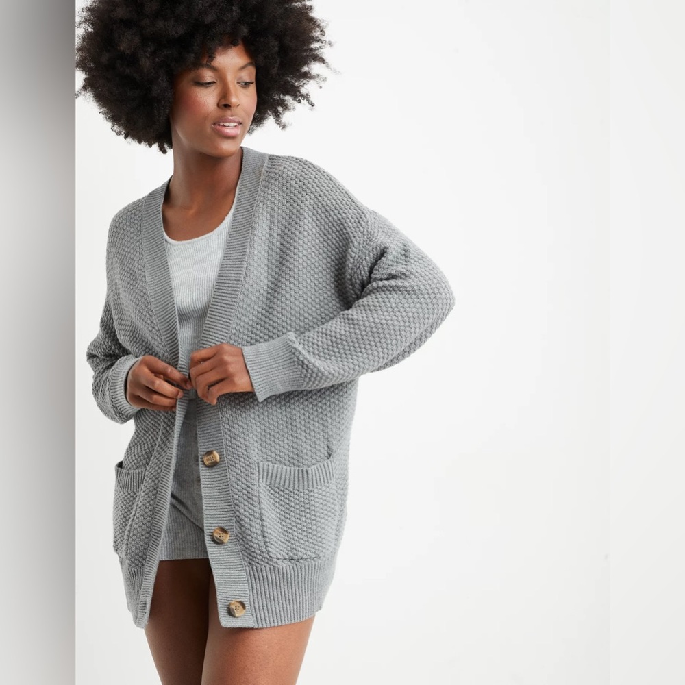 Aerie oversized waffle button cardigan Grandfather sweater boyfriend XS black